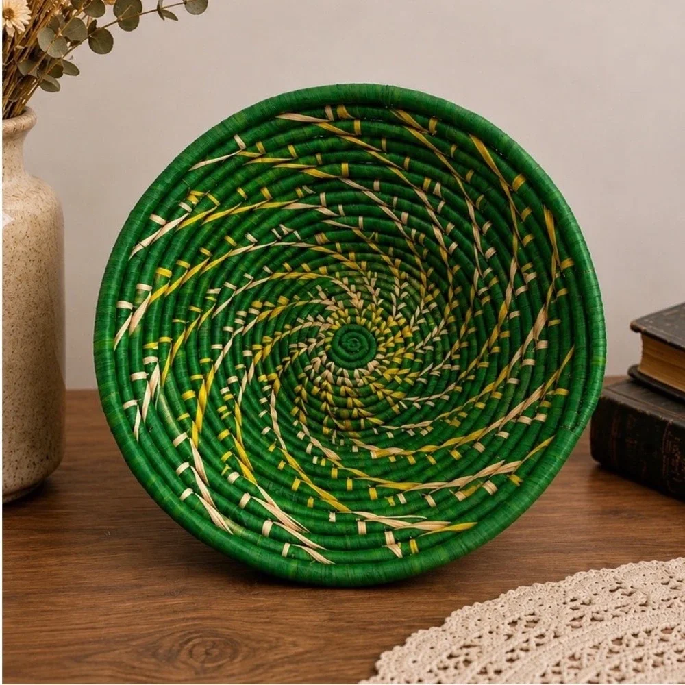 Vintage African Basket Handcrafted Large Round Coiled Basket 12